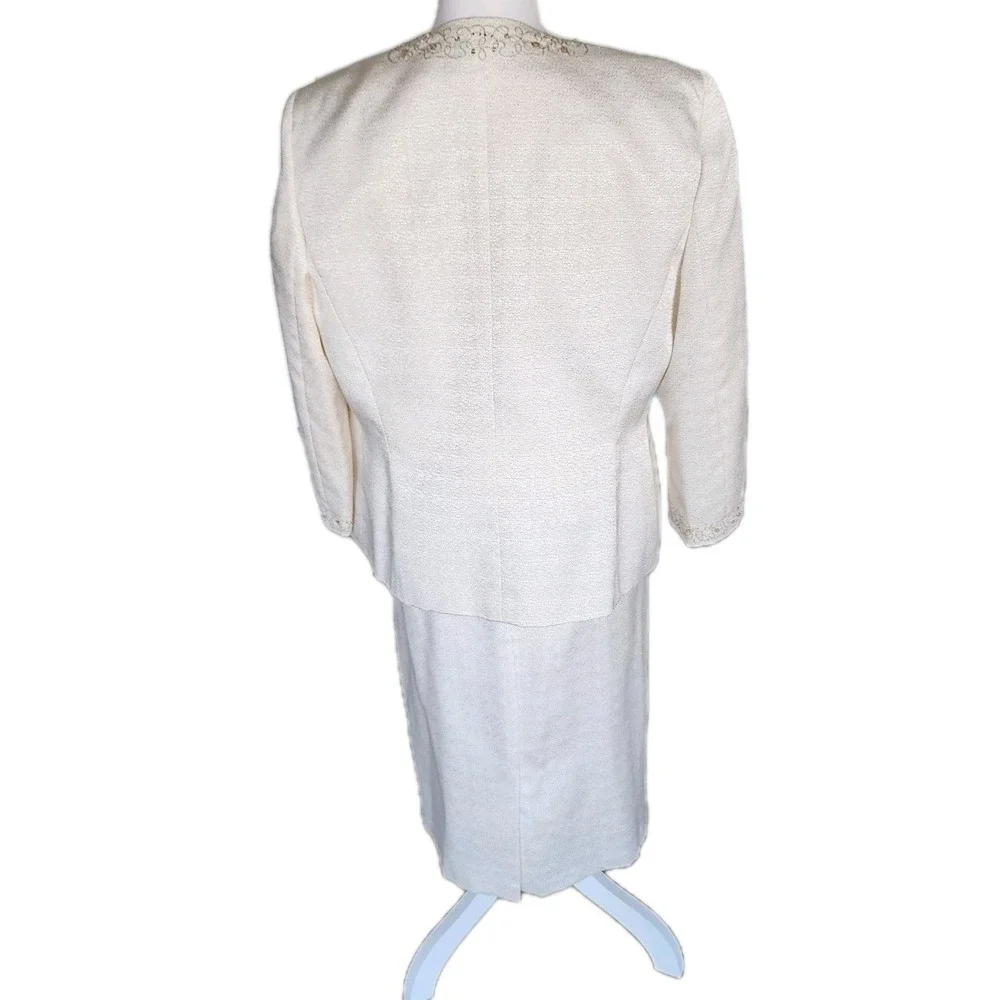 Vintage Kasper 3pc Skirt Suit Womens 10 Cream Jacket Shell Skirt Beading Wedding